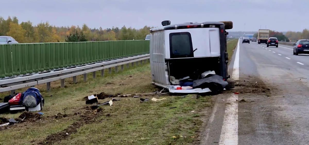 Wypadek na autostradzie A4, samochód lezy na lewym boku